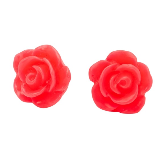 Sterling Silver Carved Rose Stud Earrings - Neon Pink - Picture 1 of 2